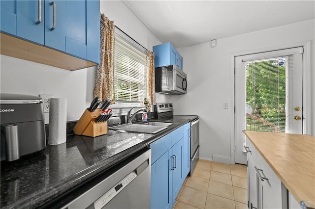 511 Robinson Ave SE, Atlanta, GA 30315 - kitchen with stainless steel appliances, blue cabinetry, a sink, and healthy amount of natural light