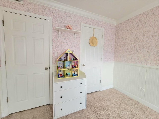 rec room with light carpet and crown molding