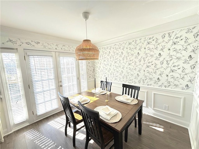 dining space with dark wood-type flooring