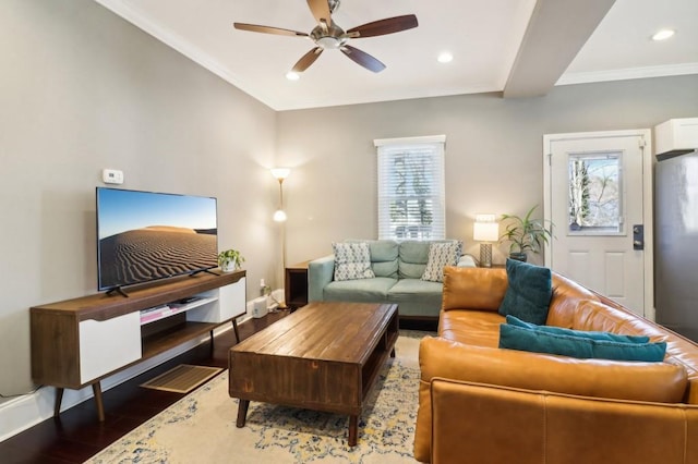 living room featuring crown molding, a healthy amount of sunlight, dark wood-type flooring, and ceiling fan