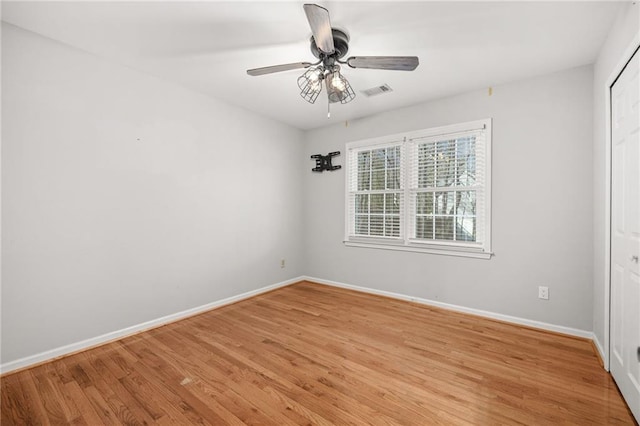 empty room featuring ceiling fan and light hardwood / wood-style flooring