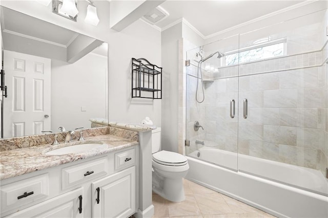 full bathroom with tile patterned flooring, toilet, vanity, ornamental molding, and bath / shower combo with glass door