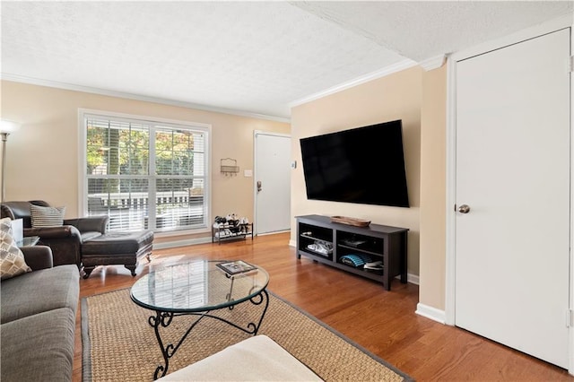 living room featuring hardwood / wood-style flooring, ornamental molding, and a textured ceiling