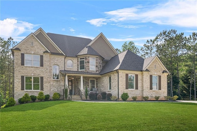 view of front of property featuring covered porch, a front lawn, brick siding, and roof with shingles