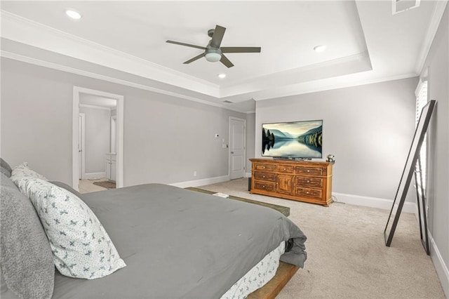 carpeted bedroom with a raised ceiling, baseboards, recessed lighting, crown molding, and a ceiling fan