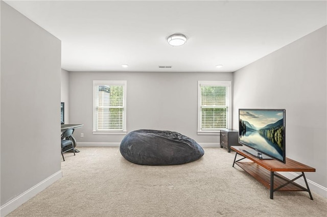 living area featuring baseboards, carpet, and healthy amount of natural light
