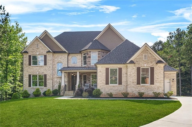 view of front of house featuring a porch, a front yard, and brick siding