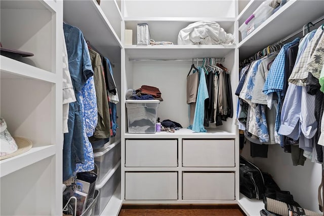 walk in closet featuring dark wood-type flooring