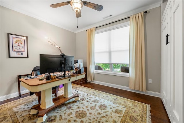 home office with dark hardwood / wood-style flooring, ceiling fan, and crown molding