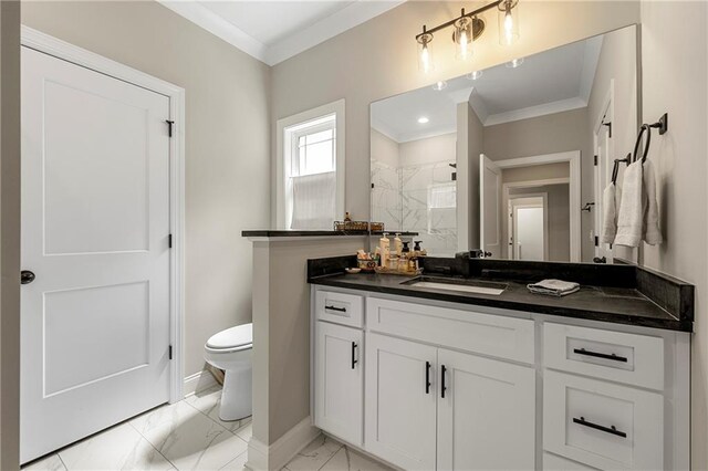 bathroom with a shower, vanity, toilet, and ornamental molding