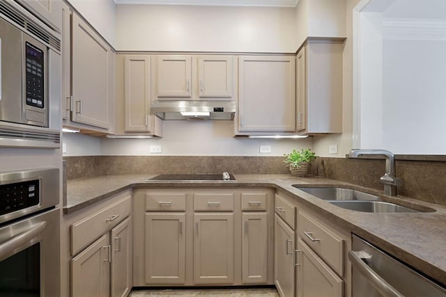 175 15th St NE Unit 410, Atlanta, GA 30309 - kitchen featuring appliances with stainless steel finishes, a sink, under cabinet range hood, and ornamental molding