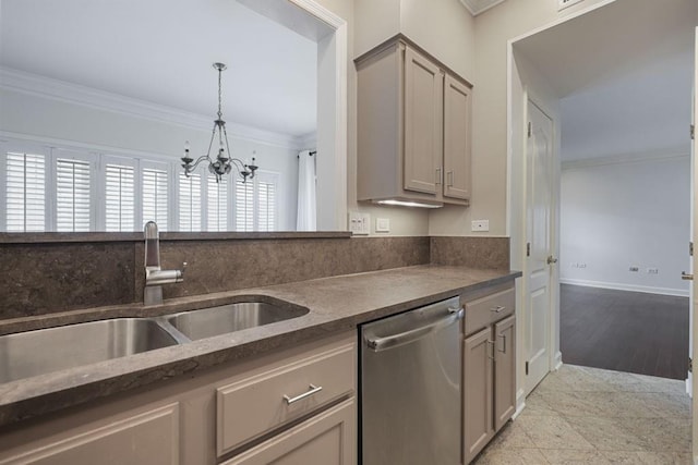 175 15th St NE Unit 410, Atlanta, GA 30309 - kitchen with stainless steel dishwasher, a sink, ornamental molding, a chandelier, and gray cabinetry