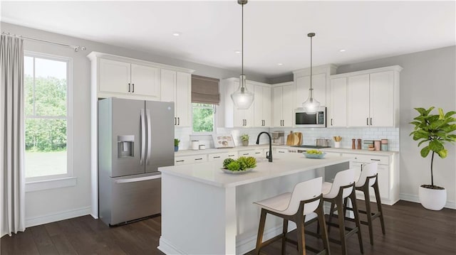 kitchen with light countertops, dark wood-style flooring, decorative backsplash, white cabinets, and appliances with stainless steel finishes