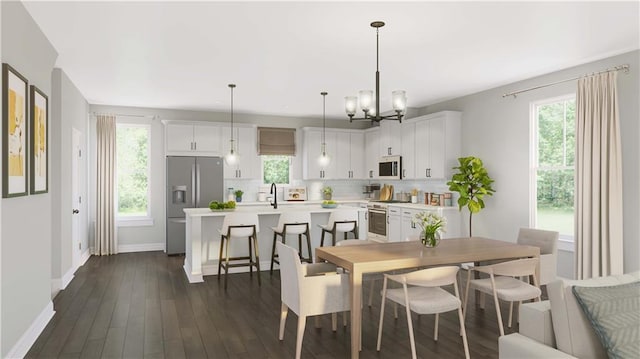 dining space featuring dark wood-style flooring, a notable chandelier, and baseboards