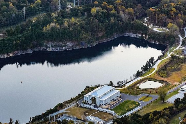 aerial view with a water view and a wooded view