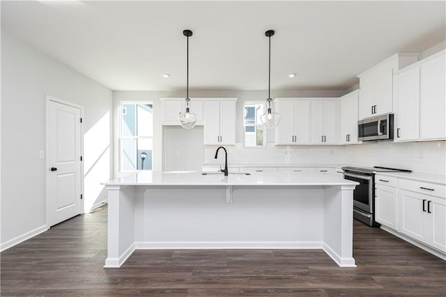 kitchen with stainless steel appliances, dark wood-type flooring, an island with sink, a sink, and backsplash
