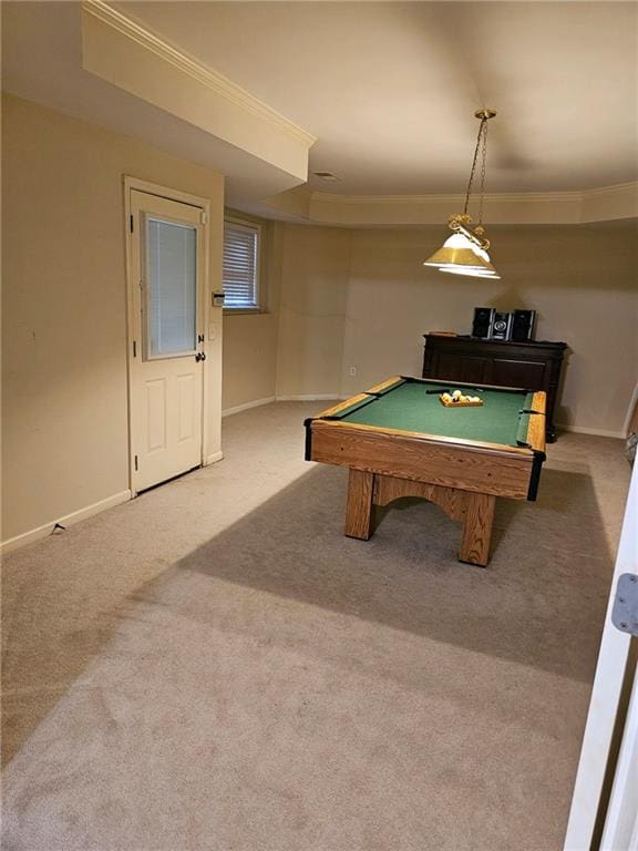 game room with pool table, ornamental molding, and carpet flooring