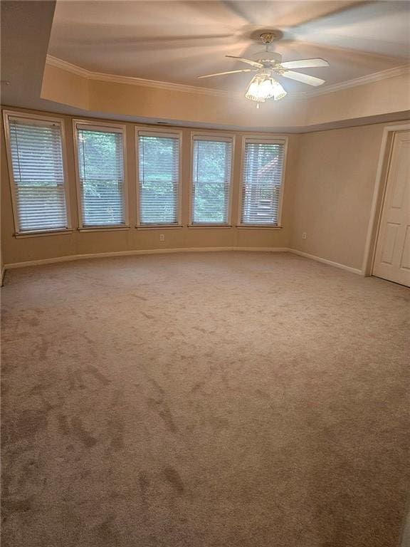 spare room with crown molding, ceiling fan, a healthy amount of sunlight, and carpet flooring