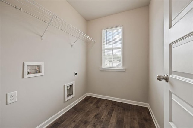 139 Hunts Mill Cir, Griffin, GA 30224 - laundry room with electric dryer hookup, hookup for a washing machine, dark wood finished floors, and baseboards
