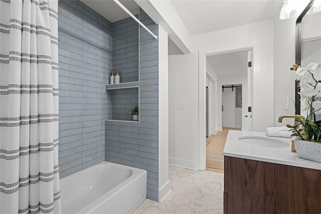 1494 May Ave SE, Atlanta, GA 30316 - full bathroom featuring tile patterned floors, vanity, shower / tub combo with curtain, and baseboards