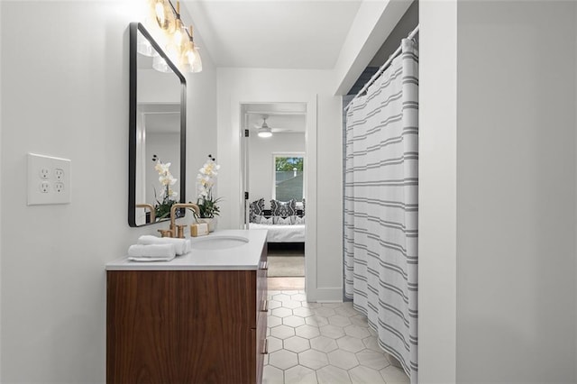 1494 May Ave SE, Atlanta, GA 30316 - ensuite bathroom featuring vanity, a ceiling fan, tile patterned flooring, and a shower with shower curtain