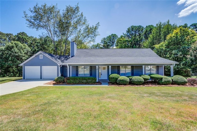 ranch-style home with a garage, a front lawn, and covered porch