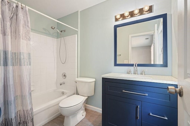 full bathroom with toilet, shower / tub combo, vanity, baseboards, and tile patterned floors