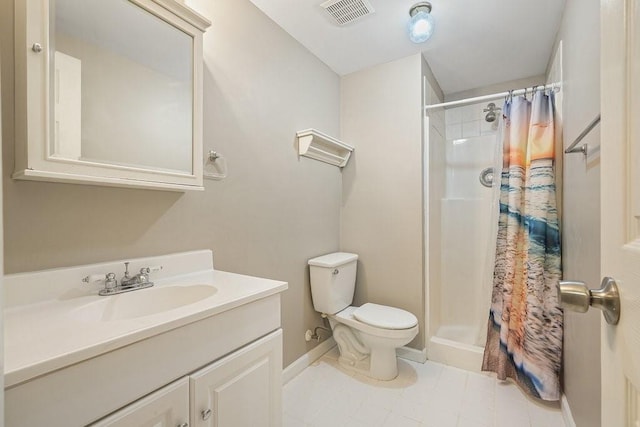 full bathroom featuring a stall shower, visible vents, vanity, and toilet