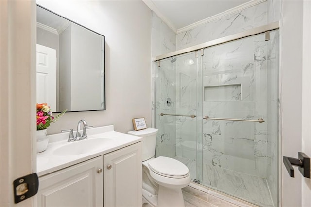 5635 Upper Creek Ct, Suwanee, GA 30024 - full bath featuring ornamental molding, toilet, a marble finish shower, vanity, and wood finished floors