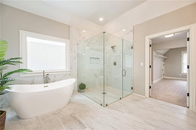 5635 Upper Creek Ct, Suwanee, GA 30024 - bathroom with a marble finish shower, a soaking tub, recessed lighting, and marble finish floors