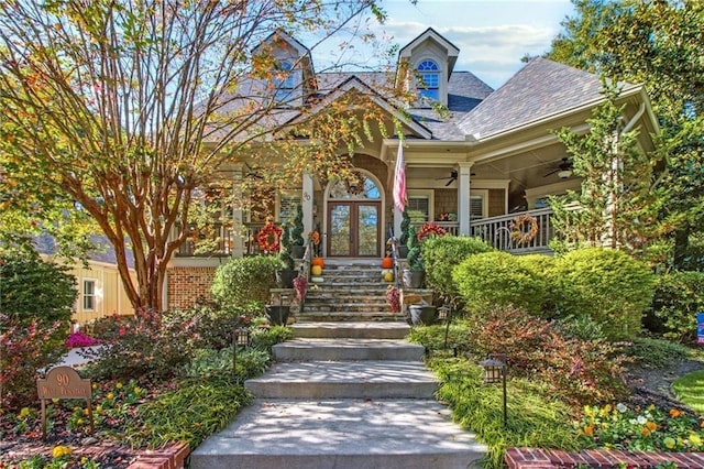 90 W Peachtree St, Norcross, GA 30071 - entrance to property featuring covered porch, ceiling fan, and french doors