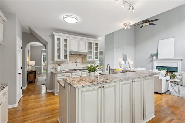 kitchen featuring under cabinet range hood, ceiling fan, light wood finished floors, open floor plan, and arched walkways
