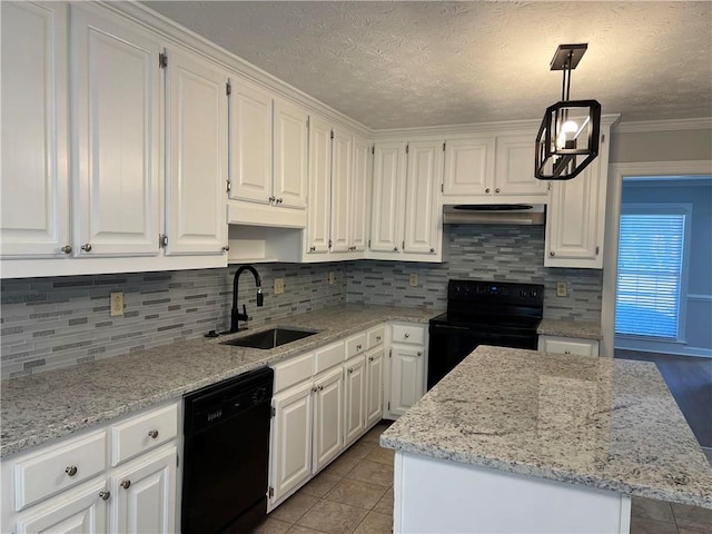 kitchen featuring hanging light fixtures, ornamental molding, sink, black appliances, and white cabinetry