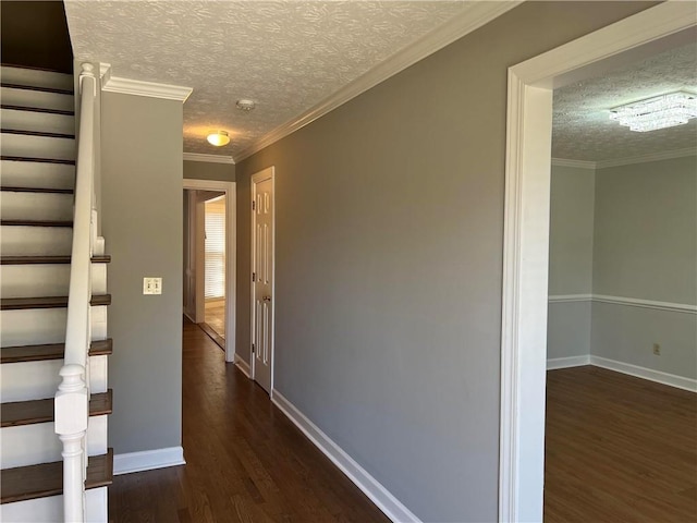 hallway with crown molding, a textured ceiling, and dark hardwood / wood-style floors