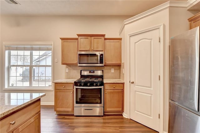 kitchen featuring light stone counters, stainless steel appliances, decorative backsplash, and wood finished floors