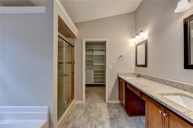 bathroom with a spacious closet, double vanity, a stall shower, and a sink