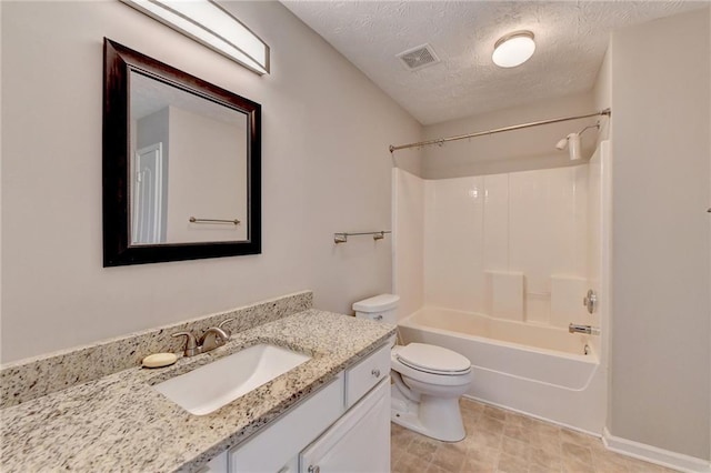 bathroom featuring visible vents, toilet,  shower combination, a textured ceiling, and vanity