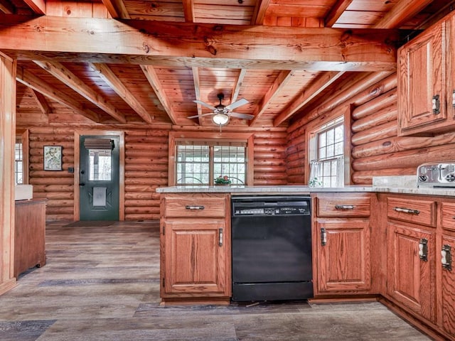kitchen featuring ceiling fan, wooden ceiling, beam ceiling, black dishwasher, and dark wood-style flooring