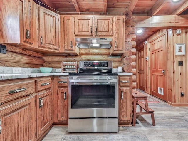 kitchen with light wood finished floors, rustic walls, stainless steel range with electric cooktop, wood ceiling, and under cabinet range hood