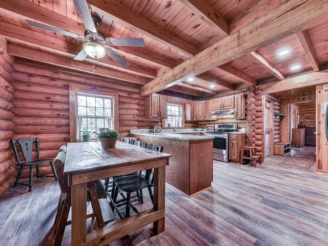 kitchen featuring light wood finished floors, stainless steel electric stove, beamed ceiling, wood ceiling, and under cabinet range hood