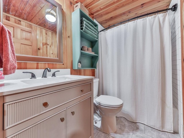 full bathroom with shower / bath combo, toilet, tile patterned flooring, wood ceiling, and vanity