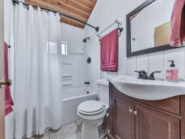 bathroom with toilet, vaulted ceiling, shower / bath combo with shower curtain, wooden ceiling, and vanity