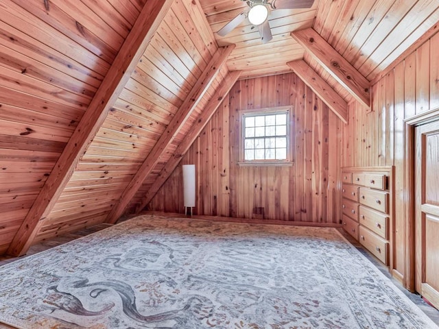 additional living space featuring wooden walls, lofted ceiling, wood ceiling, and ceiling fan
