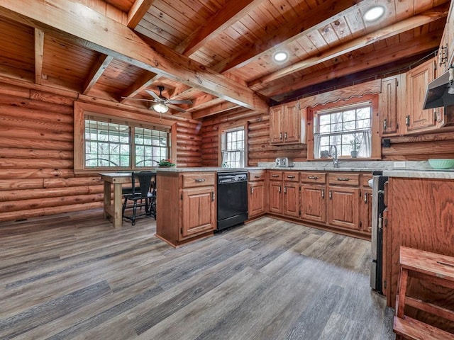 kitchen with dishwasher, a peninsula, wood ceiling, and wood finished floors