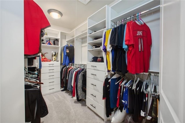 spacious closet featuring light colored carpet