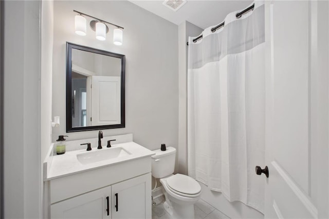 full bathroom featuring toilet, vanity, shower / bathtub combination with curtain, and tile patterned flooring