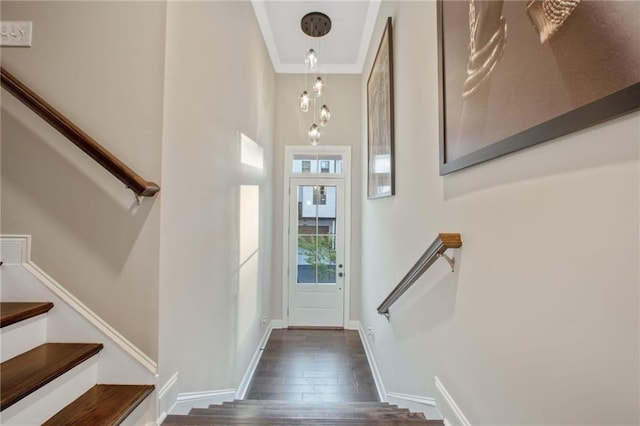 foyer entrance featuring an inviting chandelier and dark hardwood / wood-style floors