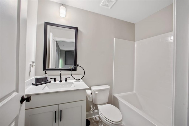 full bathroom with toilet, vanity, and bathing tub / shower combination