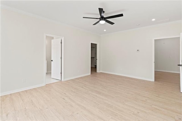 unfurnished room with light wood-type flooring, ceiling fan, and crown molding