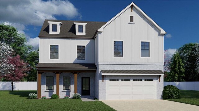 modern inspired farmhouse with a front lawn, a garage, and covered porch